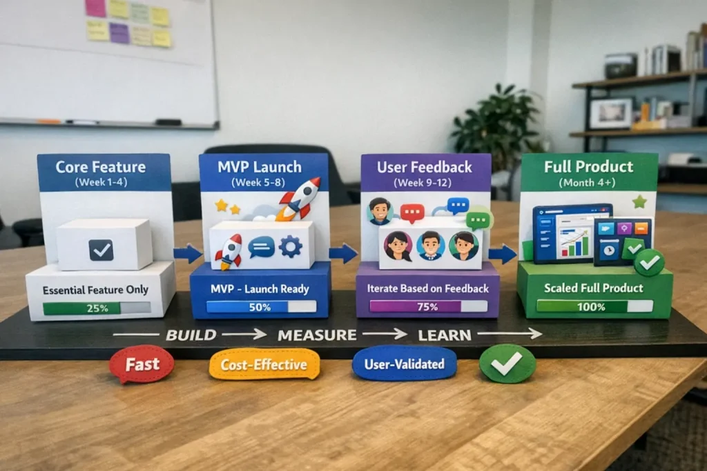 A minimum viable product is the simplest version of your software that gives value to early users. The main goal is to quickly test your main ideas without adding extra features.