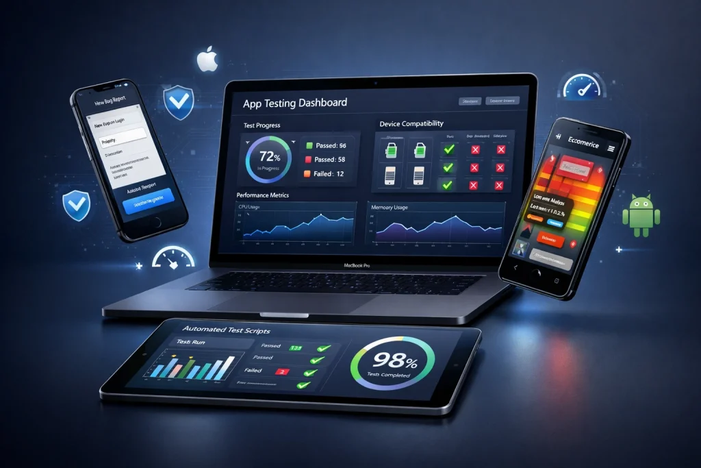 App testing services in Pakistan showing QA dashboard on MacBook, iPhone and Android devices by Tecveq