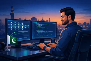 Custom ML model development services in Pakistan showing machine learning engineer training AI models for businesses in Lahore Karachi and Islamabad