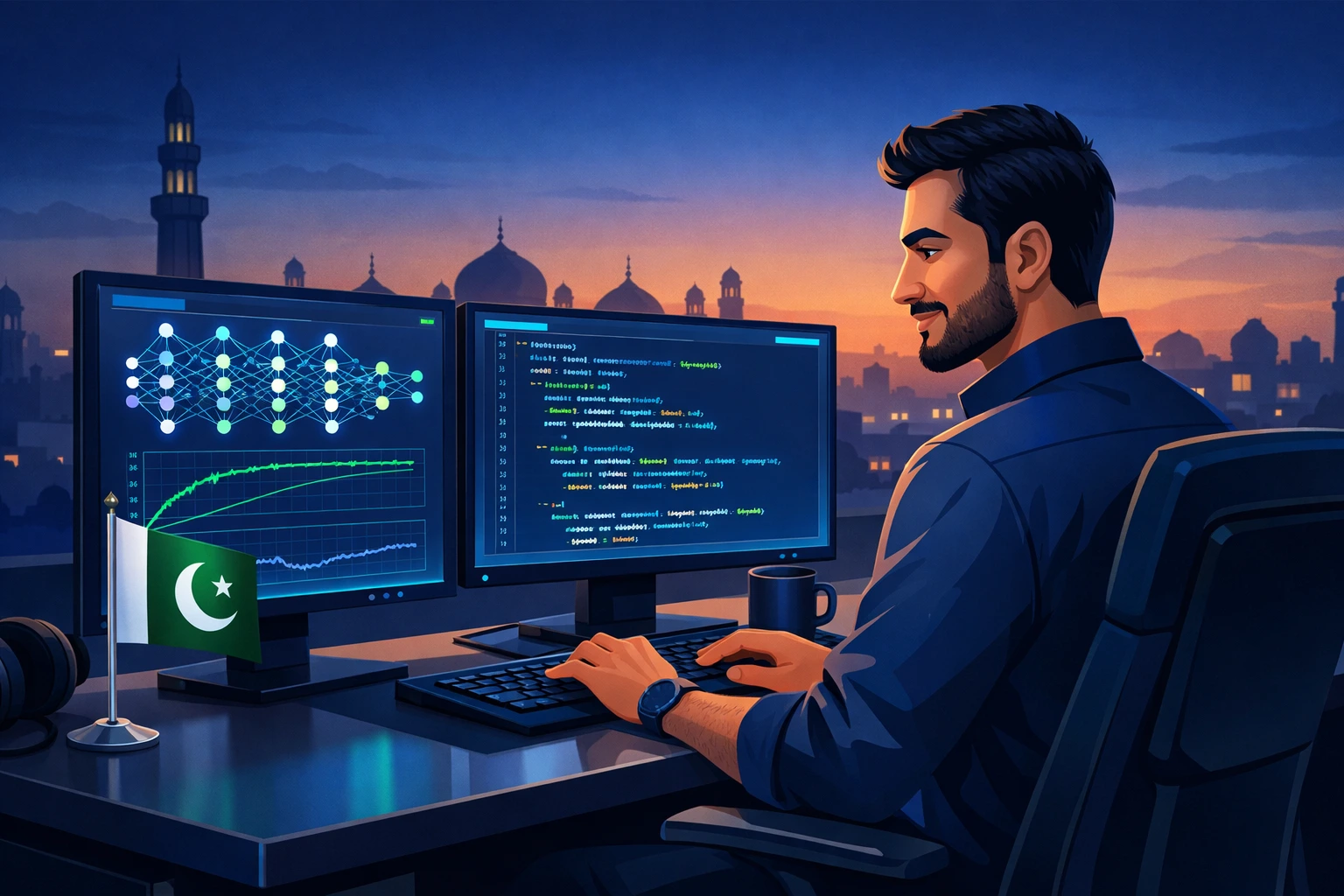 Custom ML model development services in Pakistan showing machine learning engineer training AI models for businesses in Lahore Karachi and Islamabad