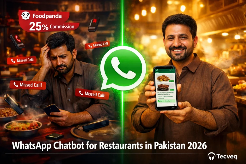 WhatsApp chatbot for restaurants in Pakistan 2026 showing JazzCash payment integration and online food ordering by Tecveq