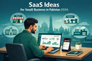 SaaS ideas for small business in Pakistan with low investment 2026 showing Pakistani entrepreneur working on laptop with JazzCash payment integration and kiryana store management dashboard