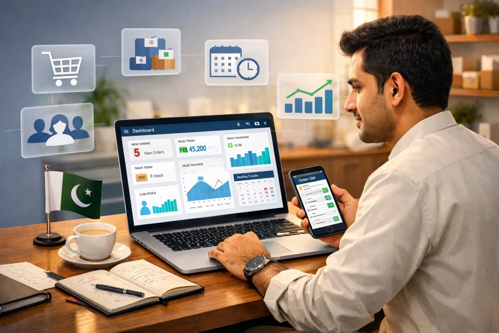 Pakistani small business owner using web app on laptop in Lahore