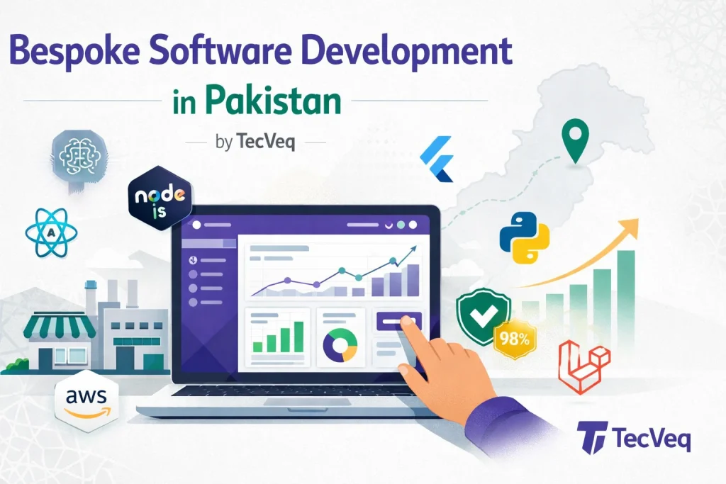Bespoke software development in Pakistan showing custom dashboard interface with AI powered technology icons and Pakistani business elements by Tecveq