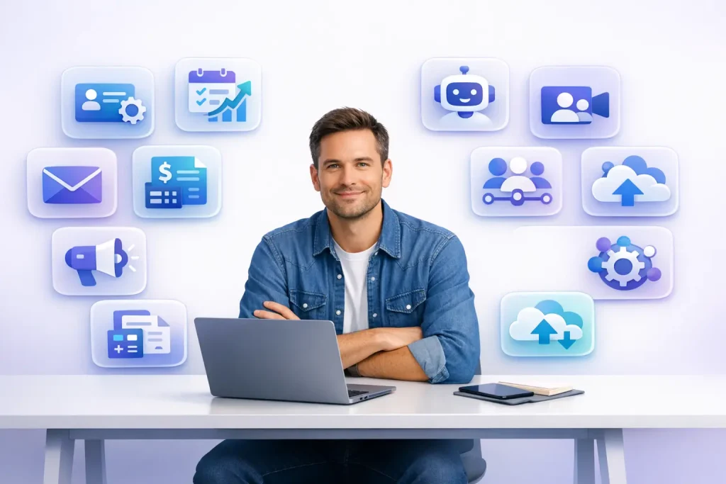 Illustration of 15 best SaaS tools for small business owners in 2026 showing floating icons for CRM project management accounting email marketing and AI automation around a laptop workspace