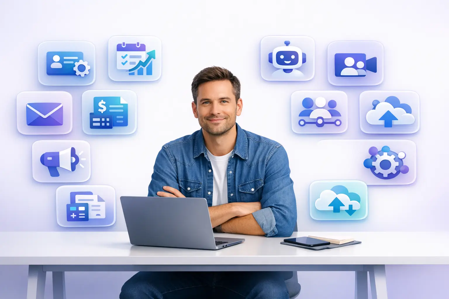 Illustration of 15 best SaaS tools for small business owners in 2026 showing floating icons for CRM project management accounting email marketing and AI automation around a laptop workspace