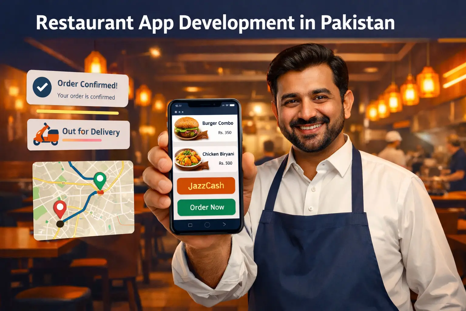 Restaurant app development in Pakistan showing a food ordering mobile app with JazzCash and Easypaisa payment integration for restaurants in Lahore and Karachi