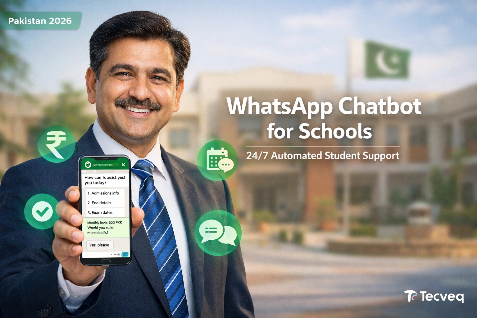 WhatsApp chatbot for schools and universities in Pakistan showing automated student admission queries and fee collection on smartphone screen with admin dashboard in background