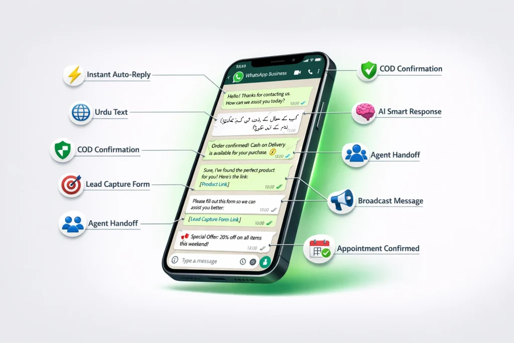 12 features of WhatsApp chatbot for business in Pakistan including COD Urdu support and AI