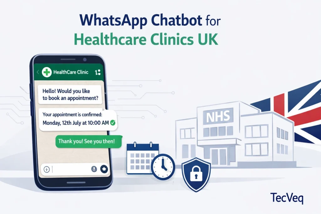 AI-powered WhatsApp chatbot for healthcare clinics UK showing automated appointment booking on a smartphone with GDPR compliance shield