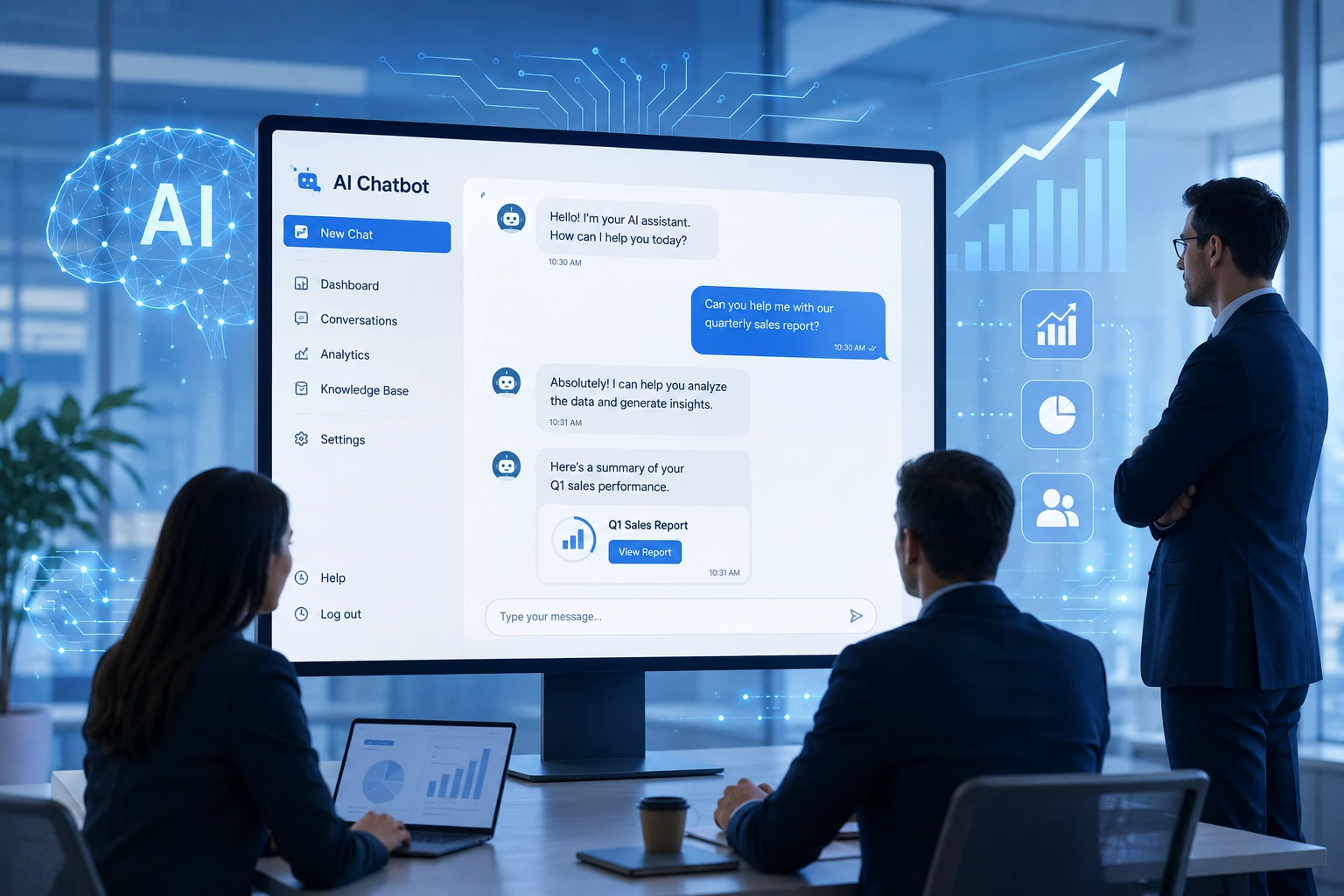 "AI chatbot development company dashboard showing automated customer service interface with business team reviewing performance metrics"