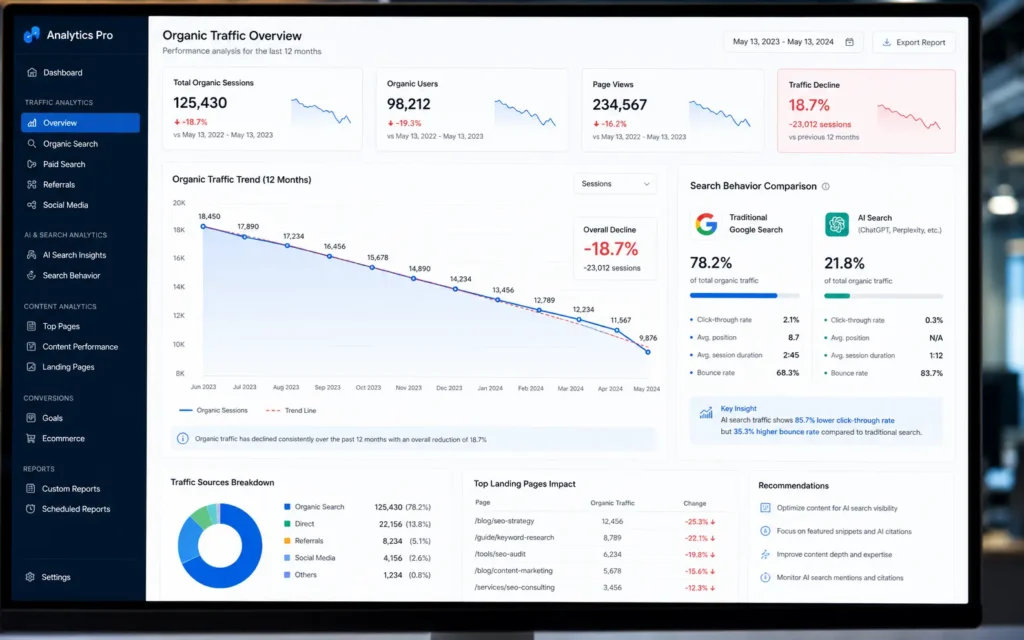 Analytics dashboard displaying organic traffic decline from AI search platforms like ChatGPT and Perplexity reducing website visits by 25%