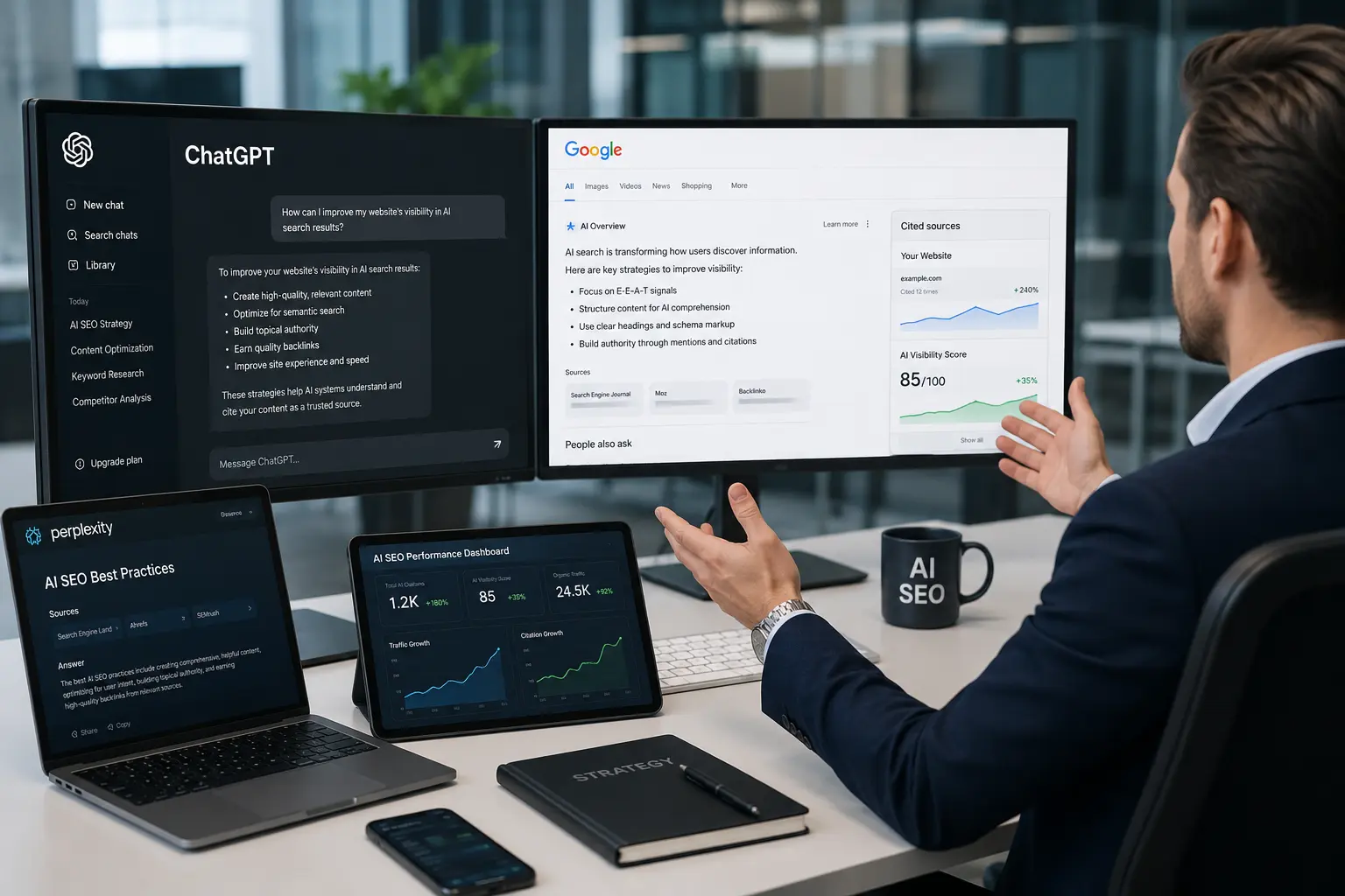 AI SEO company professional analyzing ChatGPT citations and Google AI Overview rankings on multiple monitors showing traffic growth metrics