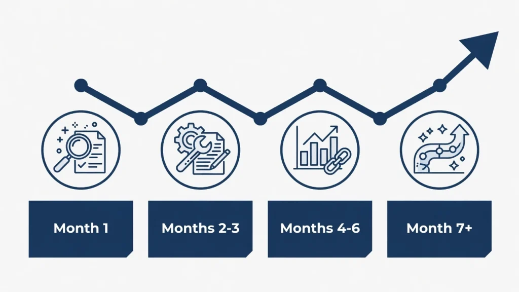 B2B SEO agency engagement timeline showing audit, technical fixes, content scaling, and MQL pipeline growth over 12 months