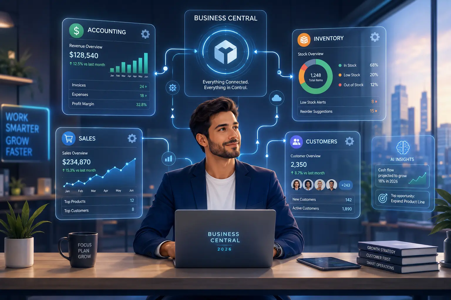 Small business owner selecting ERP software on laptop with integrated business management dashboard showing accounting, inventory, and sales modules connected for 2026