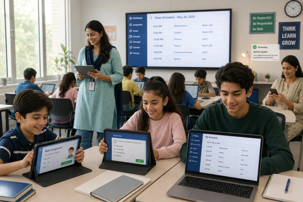 "Students using tablets and laptops in modern classroom with teacher monitoring progress through LMS dashboard"