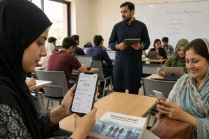 Pakistani students and teacher using Tecveq LMS on mobile devices and tablets in modern college classroom
