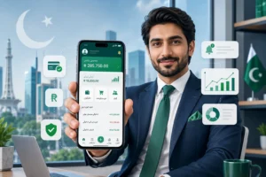 Custom Android app development services for Pakistan businesses showing smartphone with business app interface