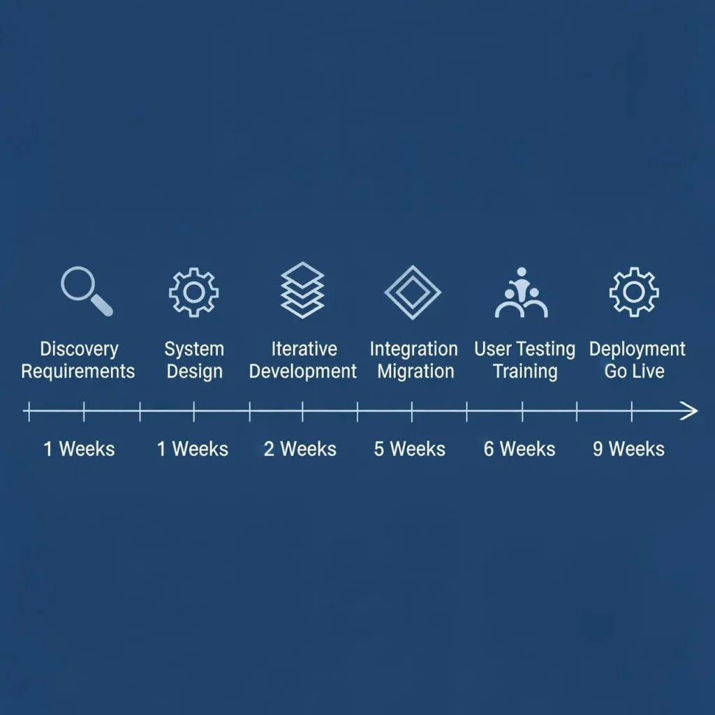 Custom ERP software development process timeline showing 6 phases from discovery and requirements through deployment and go-live support