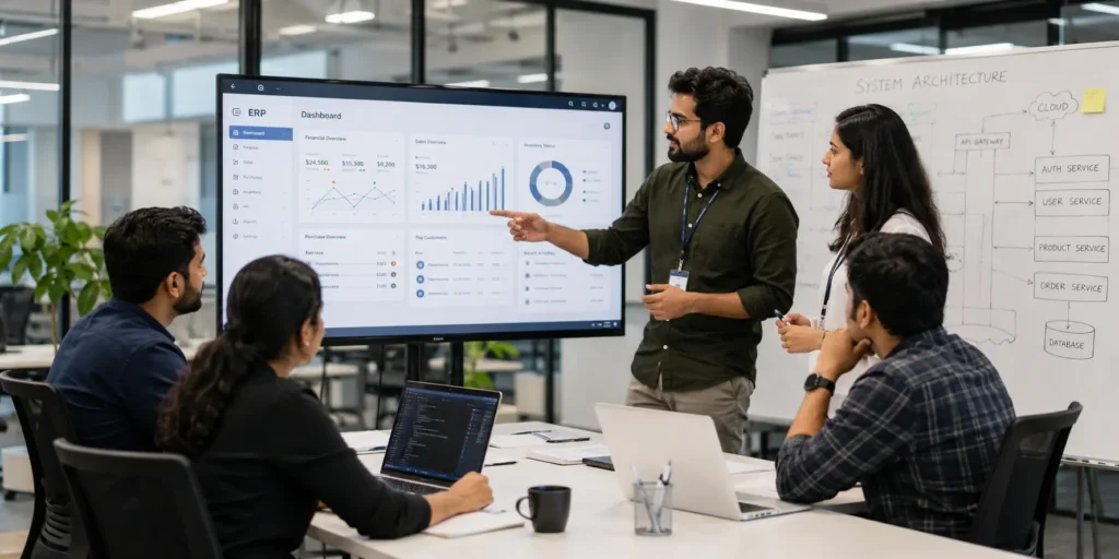 Custom ERP software development services team reviewing enterprise system architecture in modern tech office