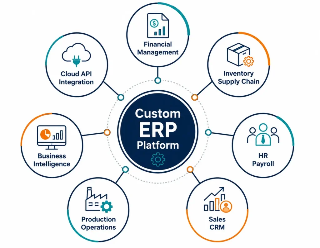 Diagram showing interconnected custom ERP software modules including finance, inventory, HR, CRM, production, and business intelligence