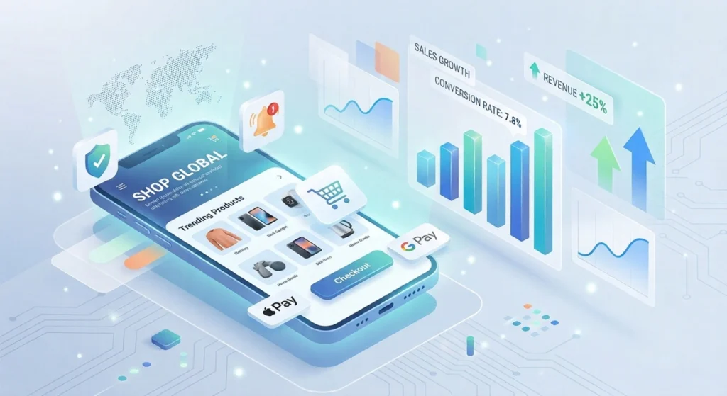 Professional ecommerce app development services showing mobile commerce interface with growth analytics and conversion optimization features for retail businesses