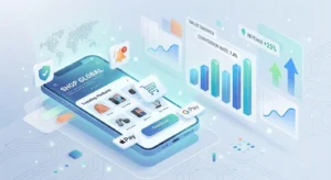 Professional ecommerce app development services showing mobile commerce interface with growth analytics and conversion optimization features for retail businesses