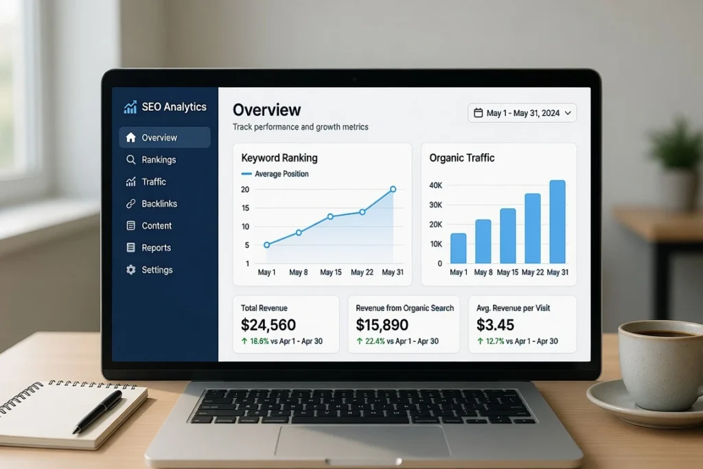Live SEO reporting dashboard showing keyword rankings, organic traffic, and revenue data included with our ecommerce SEO services
