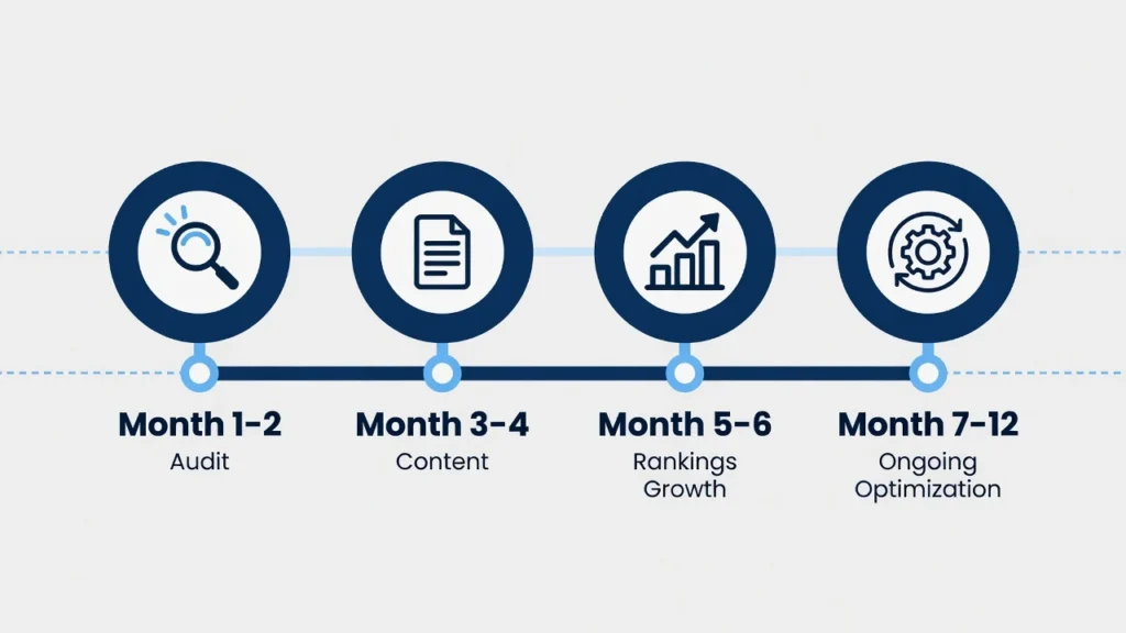 12-month ecommerce SEO services roadmap showing audit, content optimization, ranking growth, and ongoing strategy phases for Pakistani online stores