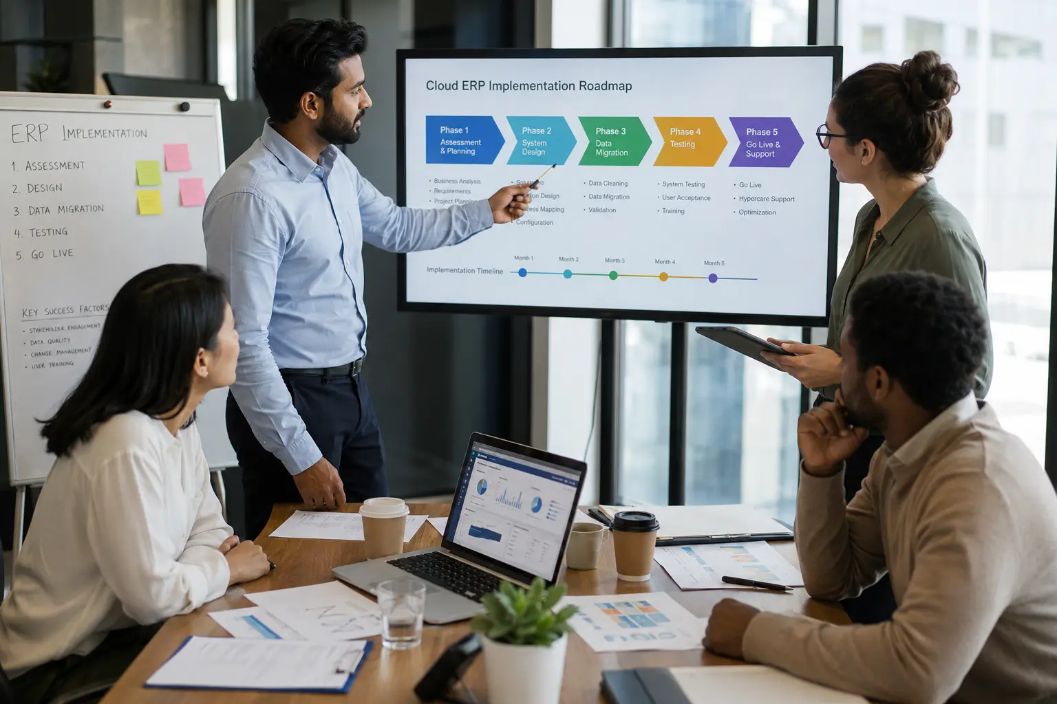 "Professional team reviewing cloud ERP implementation roadmap on monitor with workflow diagrams and data charts visible"