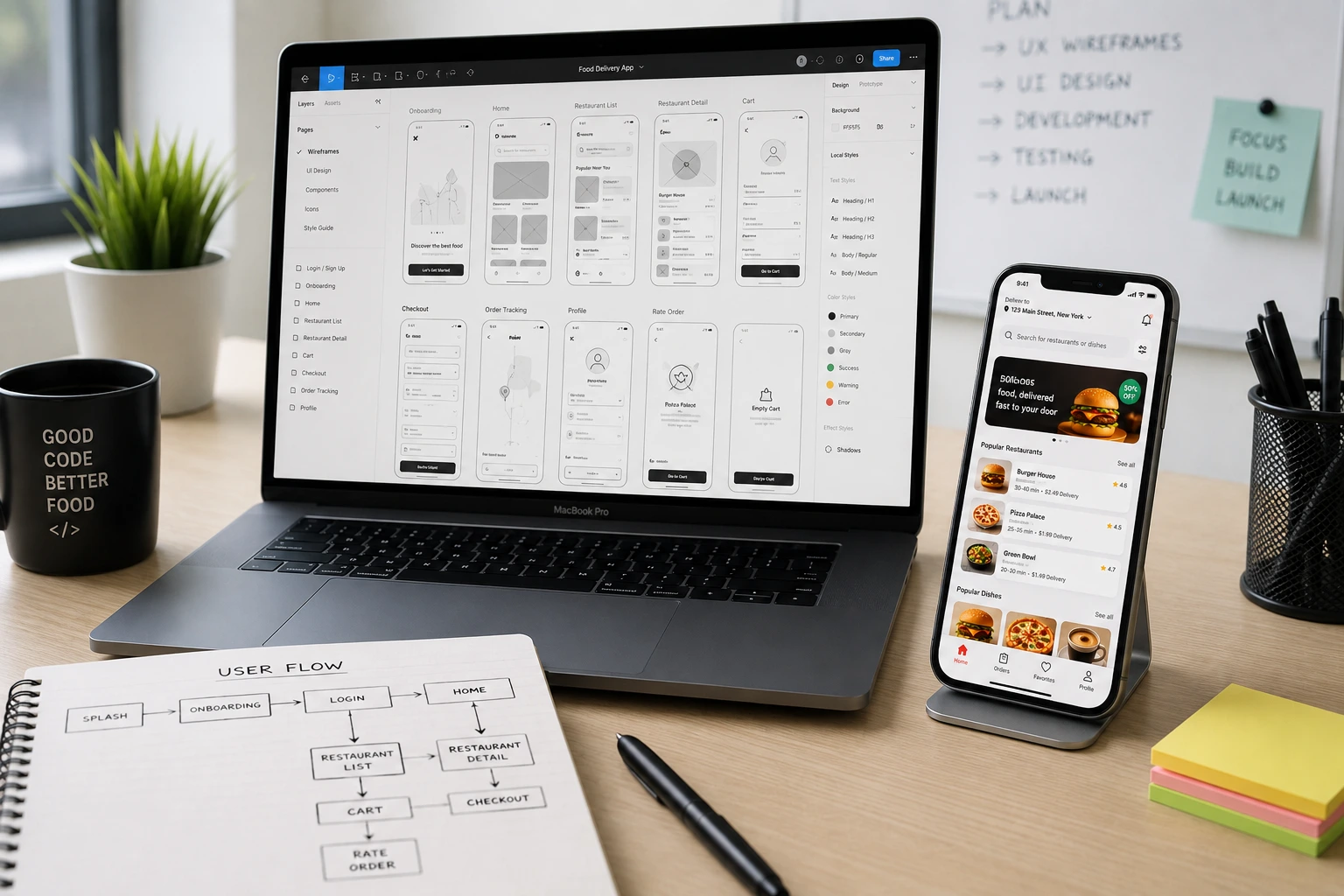 Professional food delivery app development workspace showing app design mockups on laptop and mobile device interface