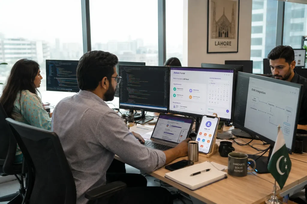 "Pakistani healthcare app developers working on HIPAA-compliant mobile applications in modern software development office"