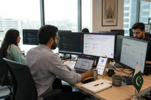 "Pakistani healthcare app developers working on HIPAA-compliant mobile applications in modern software development office"