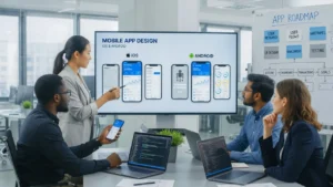 Professional mobile app development team collaborating on custom iOS and Android app design and planning in modern office