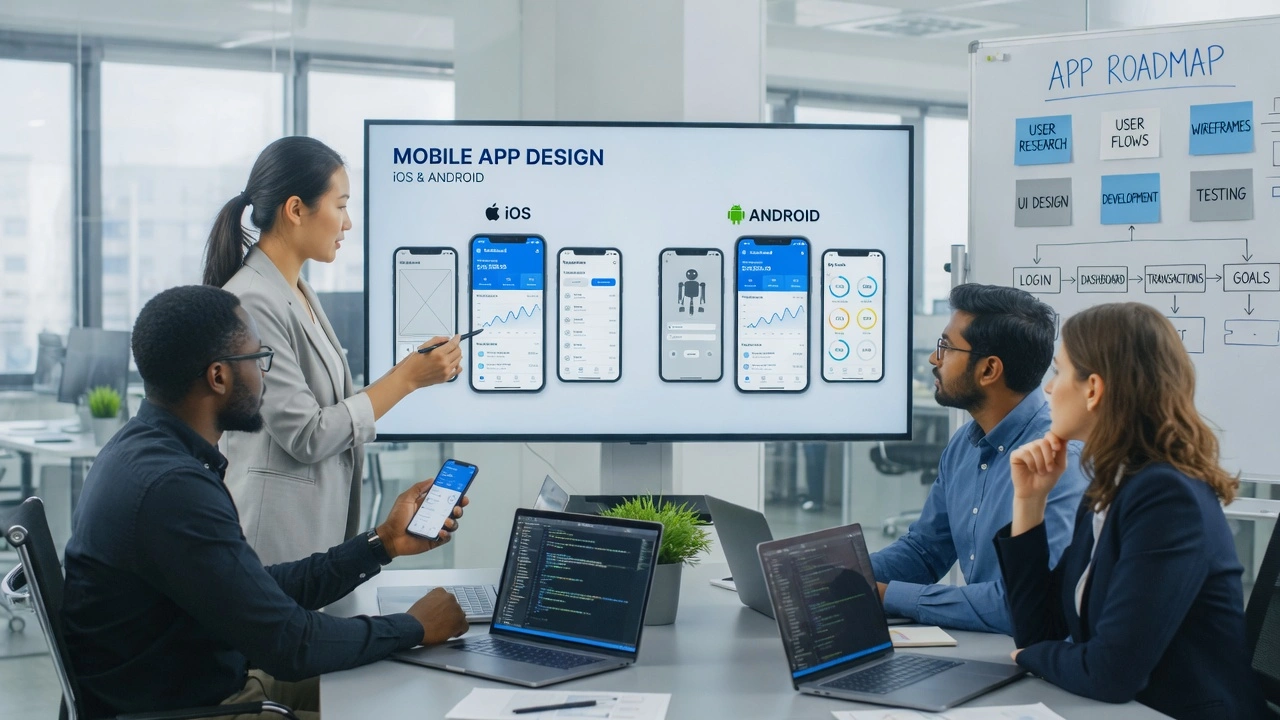 Professional mobile app development team collaborating on custom iOS and Android app design and planning in modern office