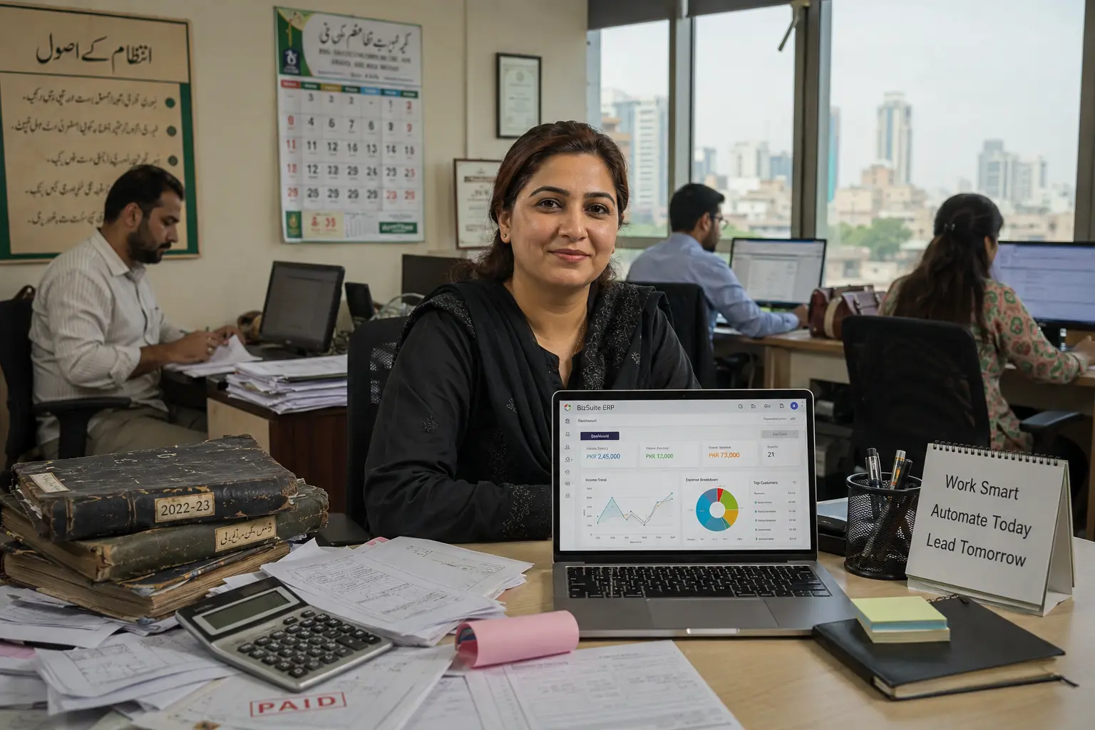 "Pakistani business professional usingerp accounting software in pakistan on laptop with manual accounting papers and ledgers on desk showing transformation from Tally Excel to integrated business management system"