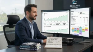 Professional SEO content writing strategist working with analytics dashboards showing ranking improvements and traffic growth