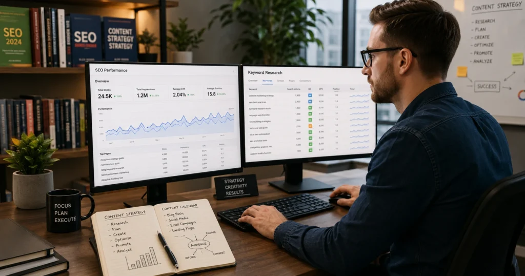 Professional SEO content strategist working with analytics and keyword research tools for content writing services