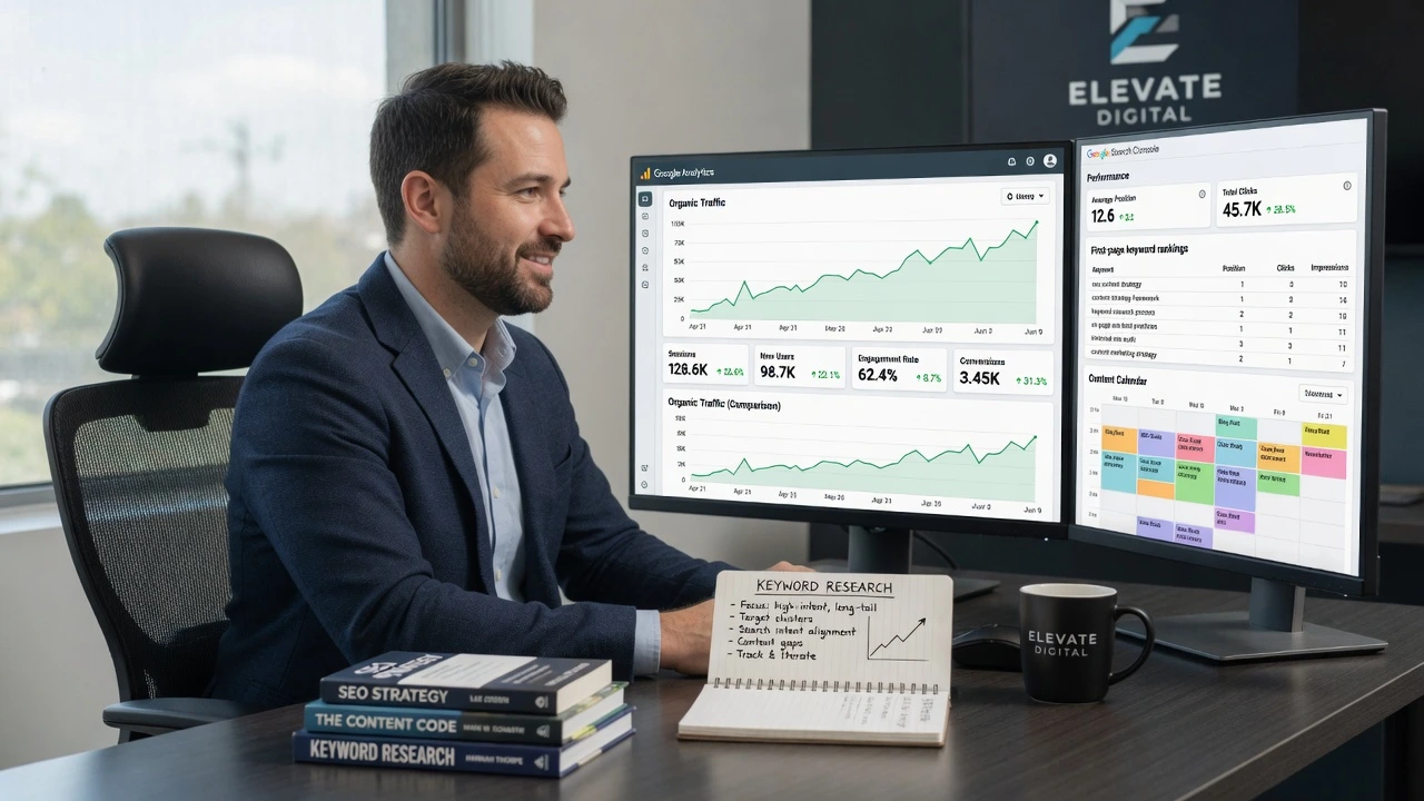 Professional SEO content writing strategist working with analytics dashboards showing ranking improvements and traffic growth