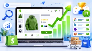 Shopify store product page showing organic search traffic growth and page one Google rankings through professional SEO services