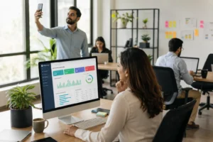 Smart office management system dashboard showing employee attendance tracking and HR analytics in modern workplace