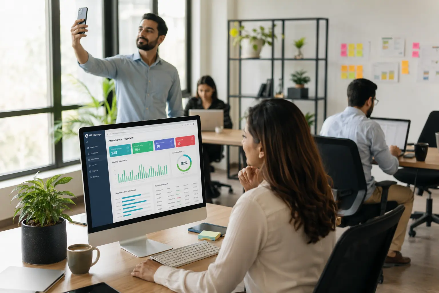 Smart office management system dashboard showing employee attendance tracking and HR analytics in modern workplace