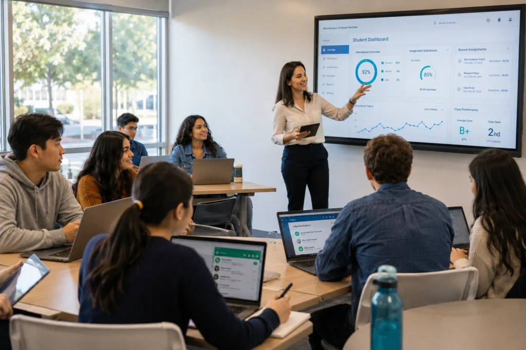 College students using Tecveq LMS on laptops and tablets in modern classroom with teacher demonstrating digital learning management system dashboard"
