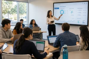 College students using Tecveq LMS on laptops and tablets in modern classroom with teacher demonstrating digital learning management system dashboard"