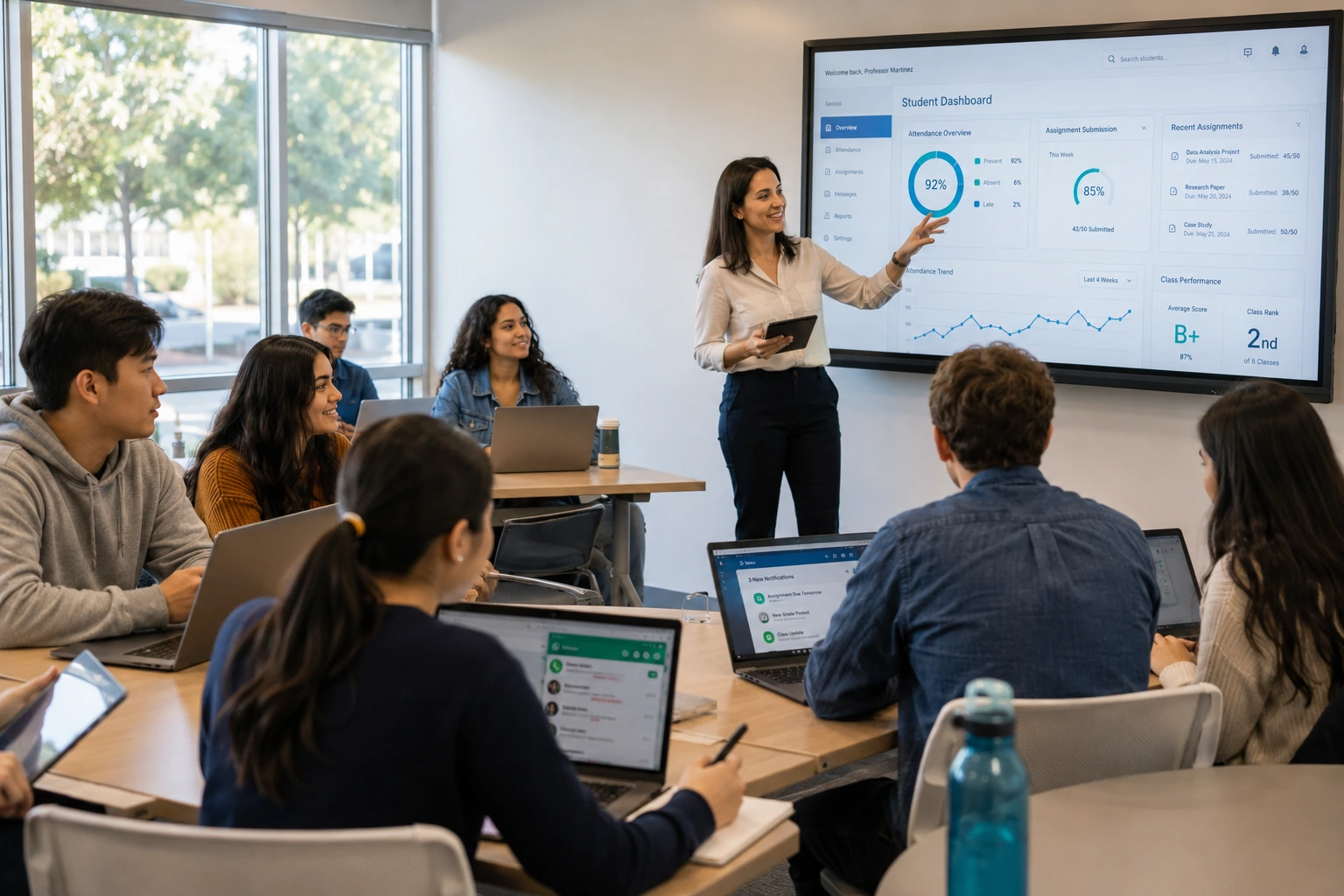 College students using Tecveq LMS on laptops and tablets in modern classroom with teacher demonstrating digital learning management system dashboard"