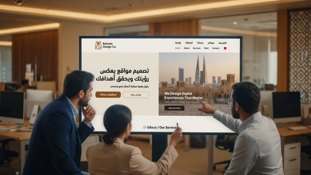 Professional web design team in Bahrain office reviewing website design on large monitor showing Arabic and English layout