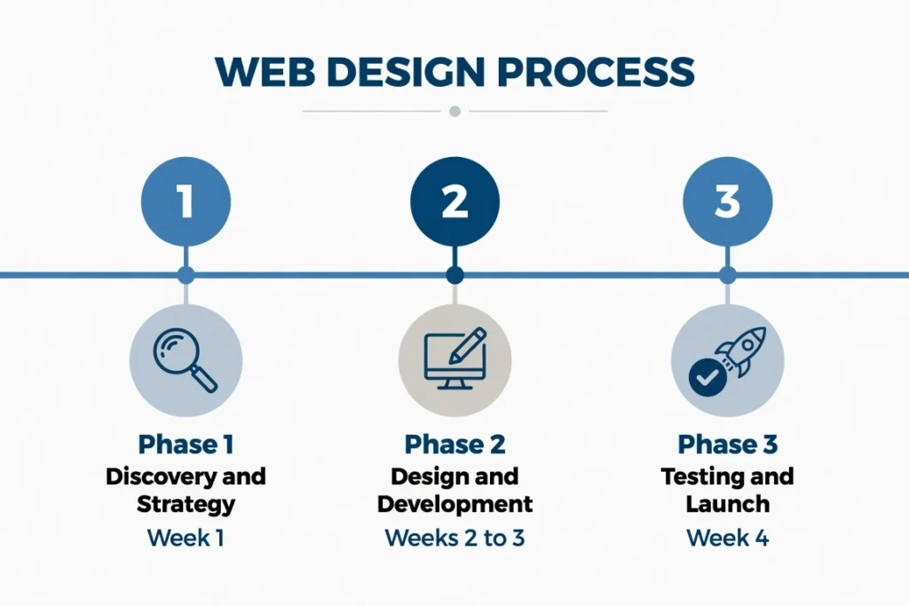 Three-phase web design process timeline showing Discovery and Strategy in Week 1, Design and Development in Weeks 2 and 3, and Testing and Launch in Week 4 for Bahrain businesses