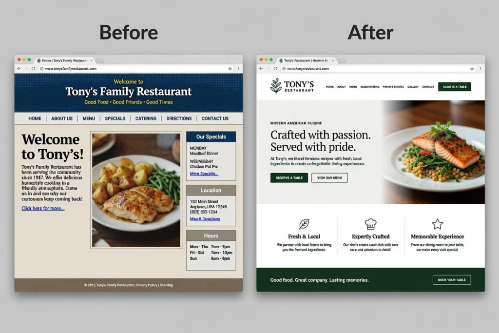 Before and after website redesign comparison showing outdated Bahrain business website transformed into modern professional design with clear call to action and mobile optimisation