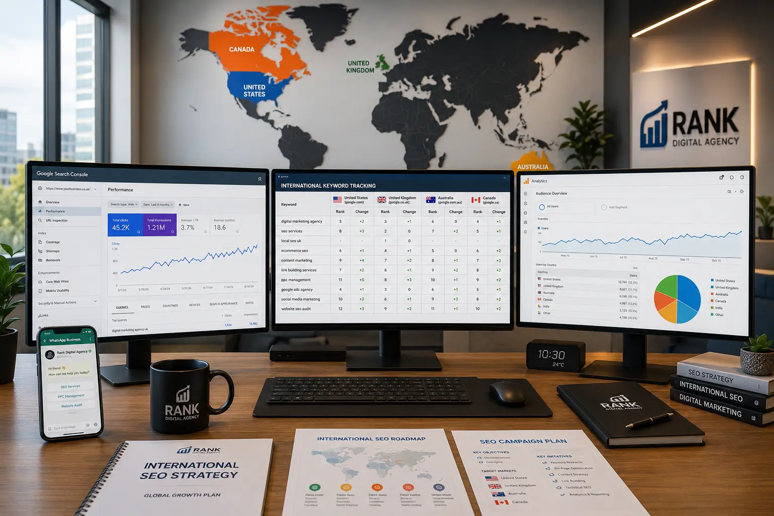 Professional international SEO services workspace showing multi-country campaign management dashboards for white-label agency partnership
