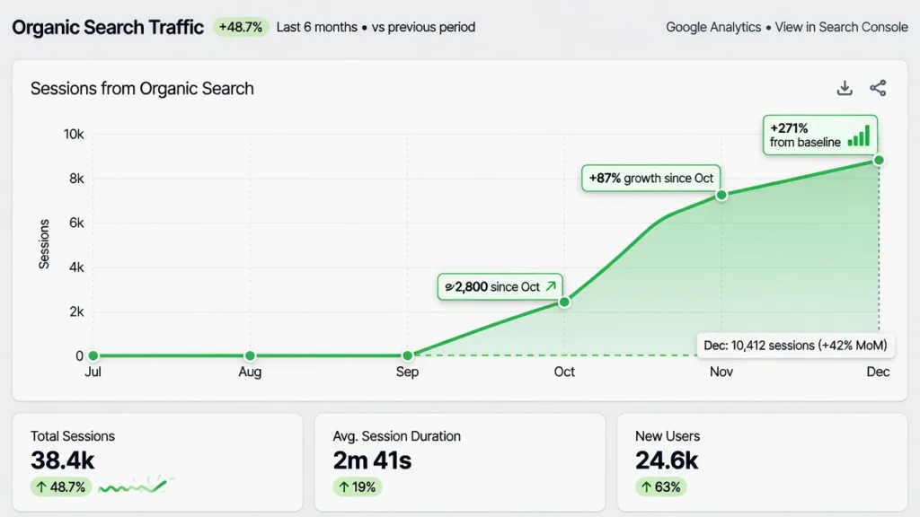 Analytics graph showing organic traffic growth results from professional WordPress SEO services with upward trend after month four